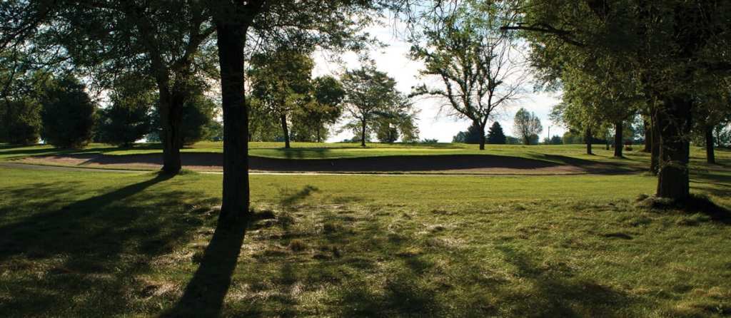 View of the sun through the trees on the course at Coachman's Golf Resort